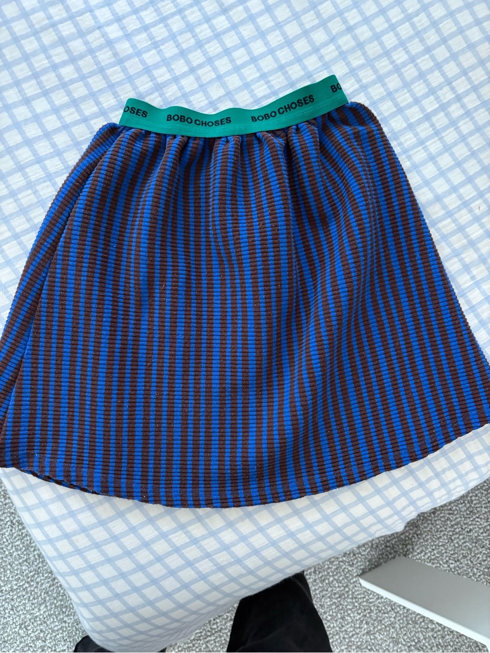 Bobo Choses Blue & Black Striped A-Line Skirt with Green Waistband